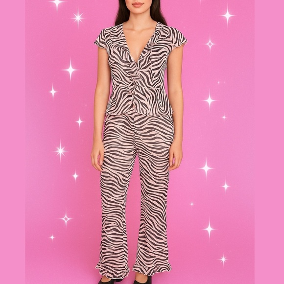 Victoria’s Secret SET Y2K Zebra Print Ruffle Pajama Set Sheer Lounge Pants top S - Picture 1 of 10
